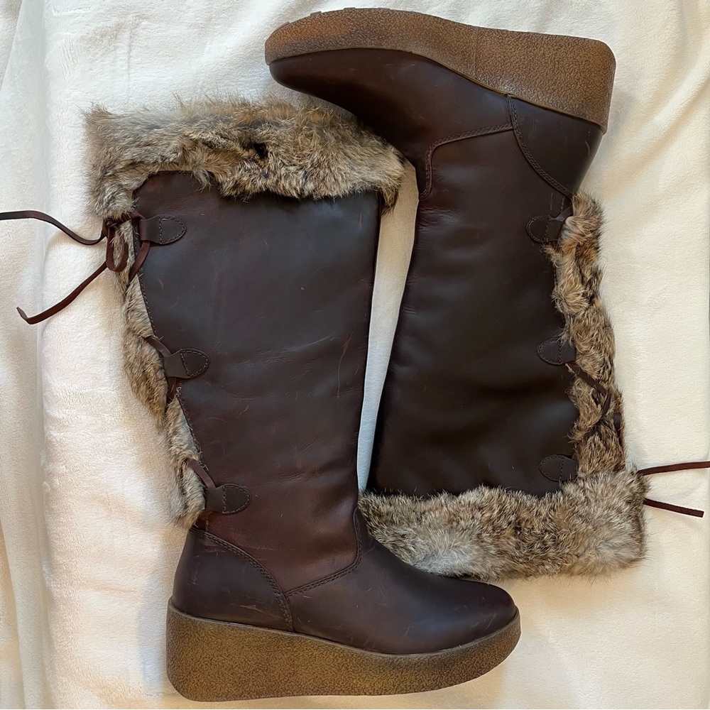 Cougar Brown Rabbit Fur-Trimmed Knee-High Leather Laced Boots - Picture 2 of 14